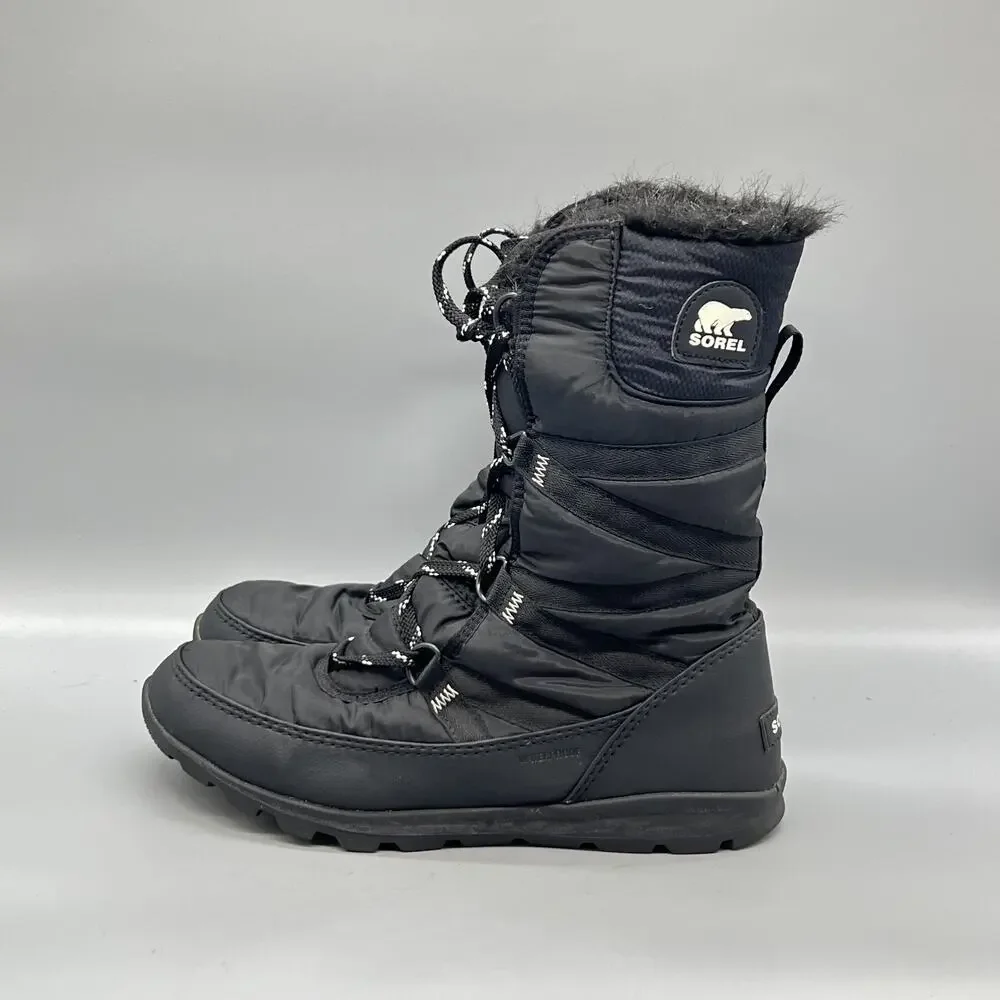 Sorel Boots Womens 9.5 Black Nylon Waterproof Mid Calf Faux Fur Snow Shoes